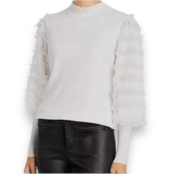 SIONI MILANO WHITE MOCK NECK FRINGE TRIM LONG SLEEVE SWEATER. WOMEN’S SIZE LARGE - Picture 1 of 7